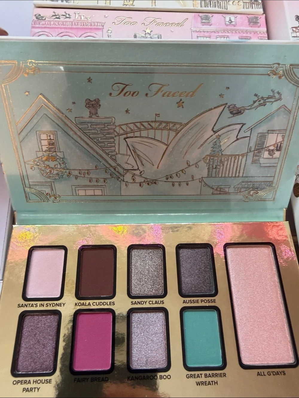 Too Faced Christmas Around the World Palette - Pink, Teal, Cream & Gold Accents